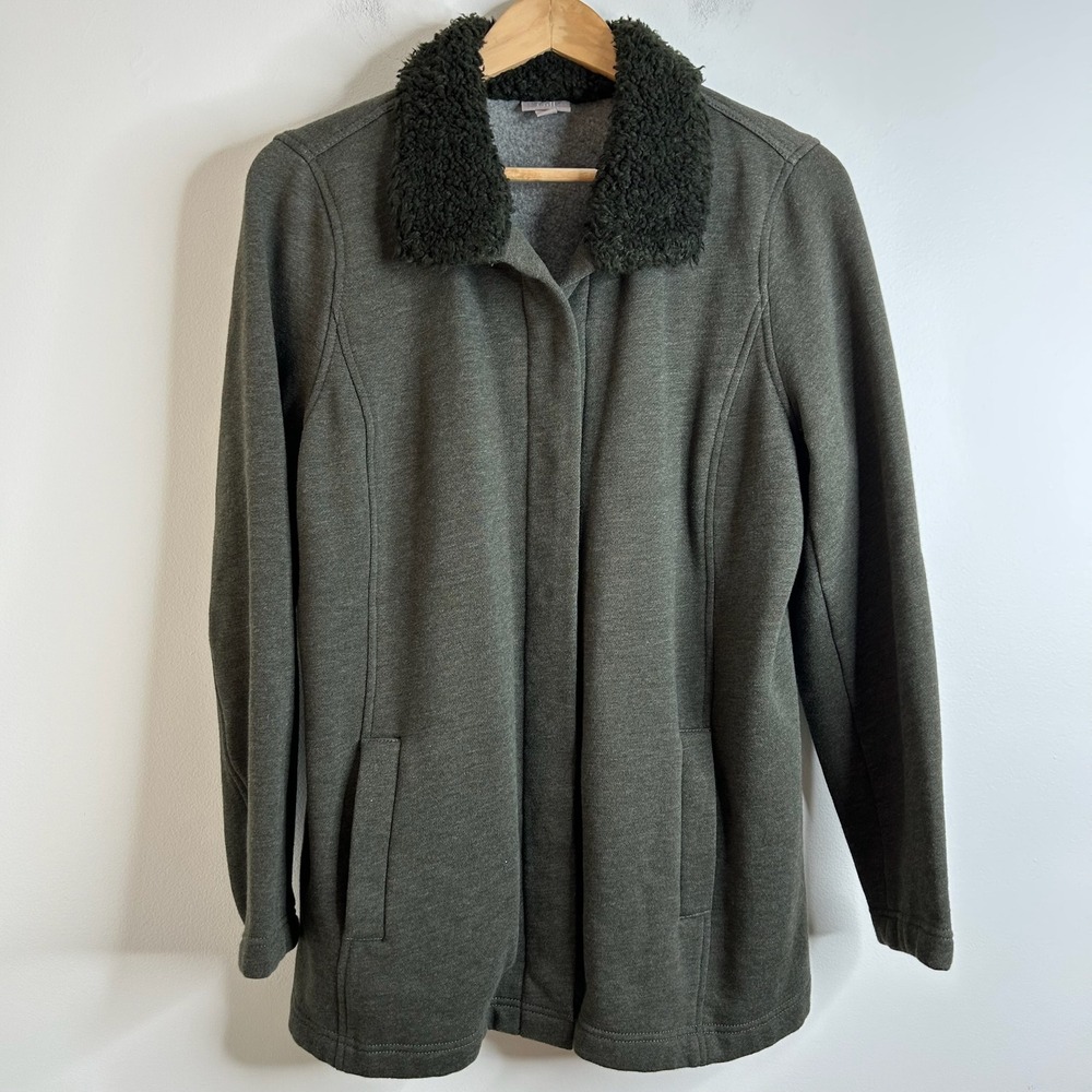 J Jill Green Chore Jacket Sz L Comfort Fleece Lined Warm Sherpa Collar Cardigan - Picture 1 of 9